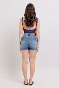 MEDIUM WASH HIGH WAIST TUMMY CONTROL COOL DENIM DOUBLE WAISTBAND SHORTS BY JUDY BLUE