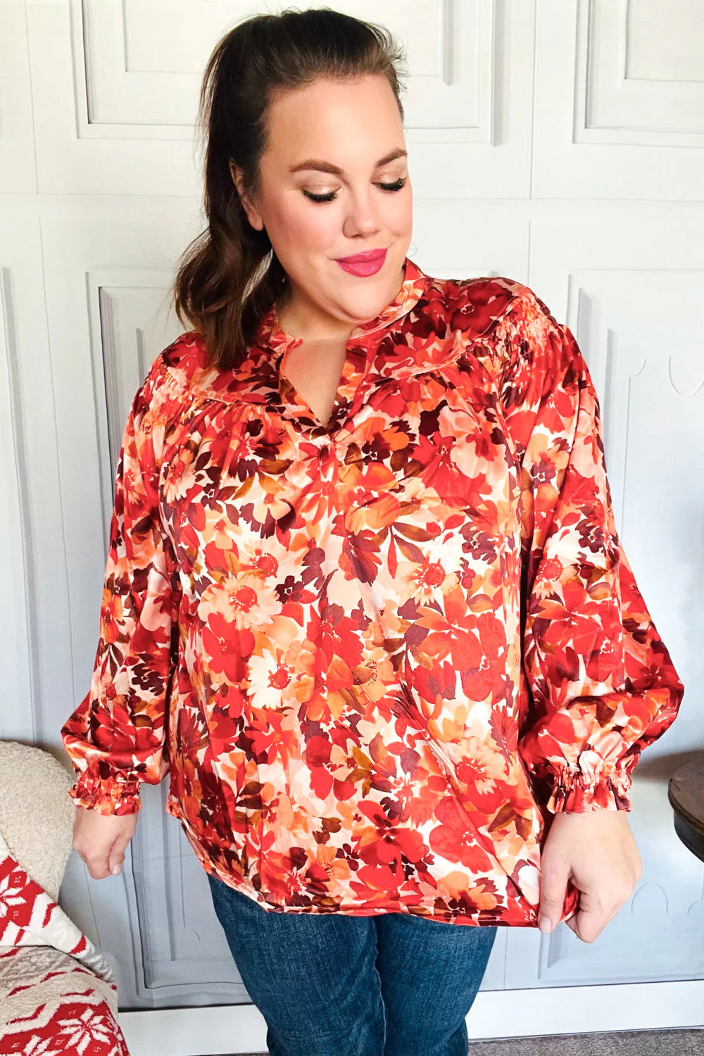 FALL VIBES RUST FLORAL PRINT NOTCHED NECK SMOCKED SATIN BLOUSE-PLUS