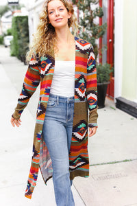 OLIVE RUST AZTEC WESTERN VIBES DUSTER CARDIGAN