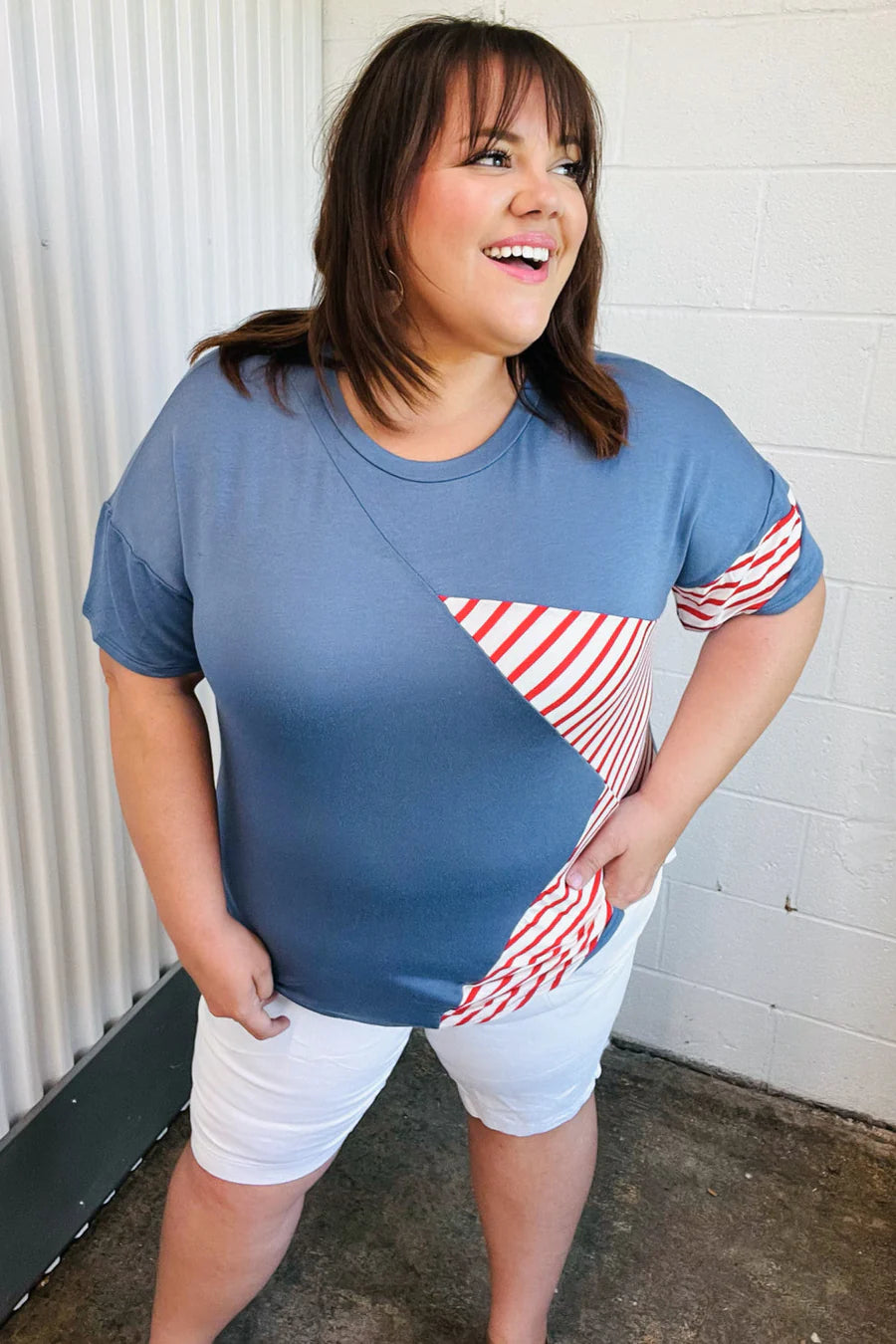 RED BLUE STAR STRIPE DETAIL FRENCH TERRY PATRIOTIC TOP-PLUS