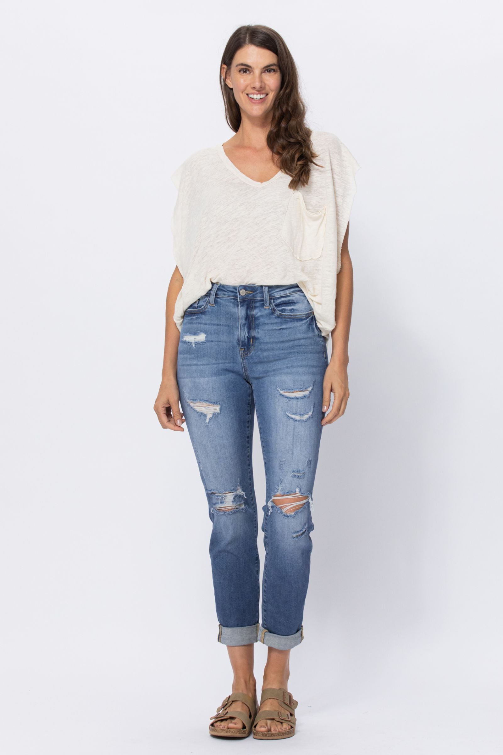 LIGHT WASH HIGH WAIST CUFFED BOYFRIED WITH DESTROY JUDY BLUE DENIM-PLUS