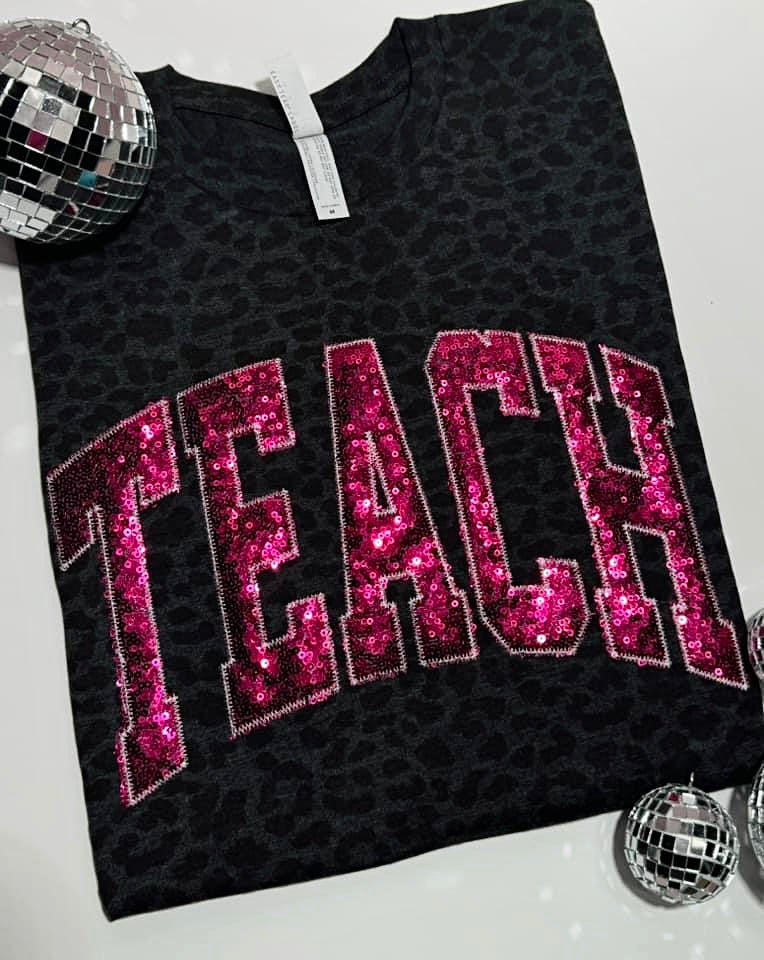 BLACK LEOPARD TEACH HOT PINK SEQUIN APPLIQUE HANDMADE TEE