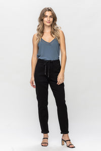 BLACK HIGH WAIST JET BLACK DOUBLE ROLL CUFF JOGGERS JUDY BLUE DENIM-PLUS