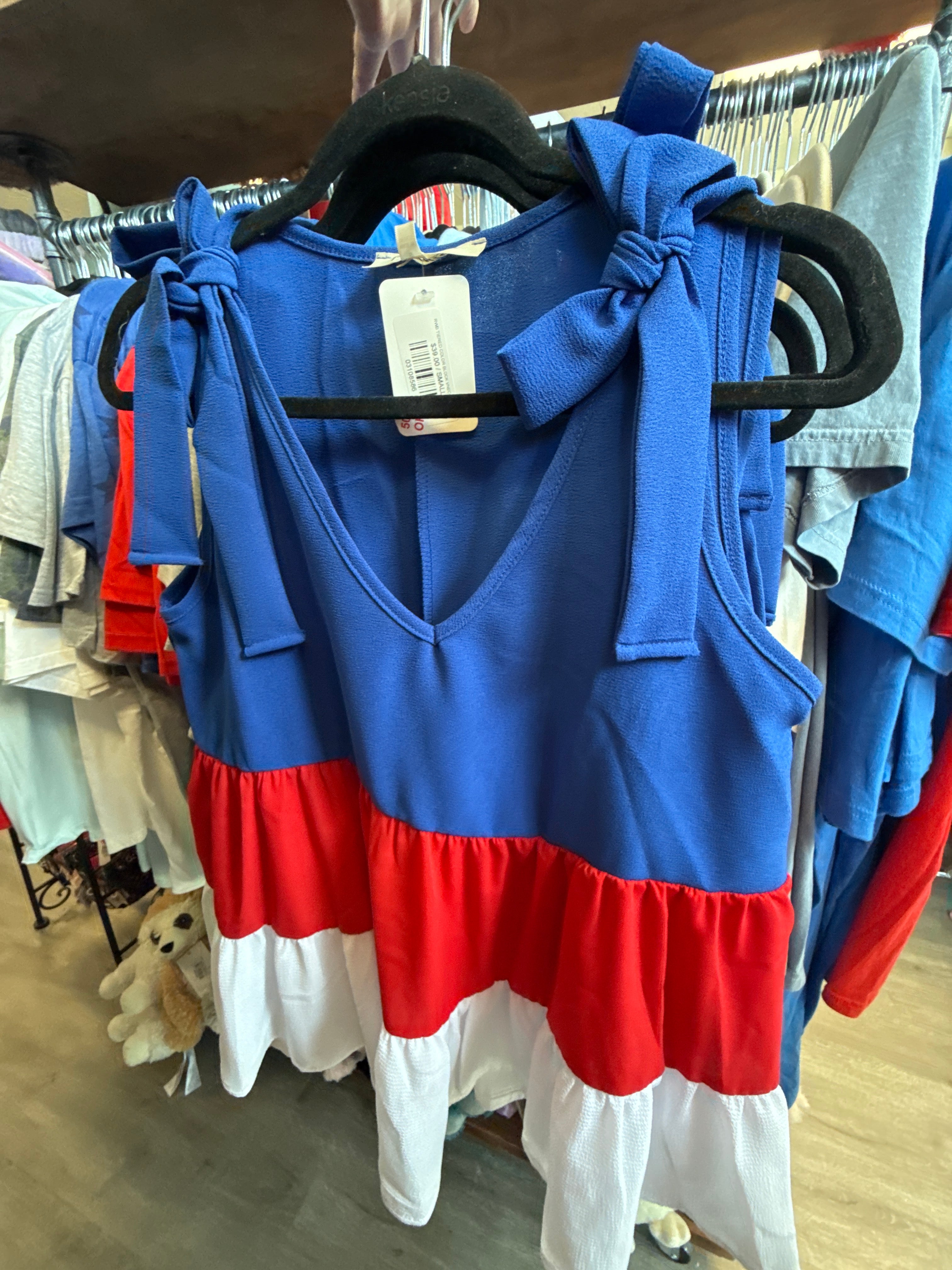 RWB TIERED COLOR BLOCK VNECK TIE BOW SHOULDER WOVEN TANK- SALE