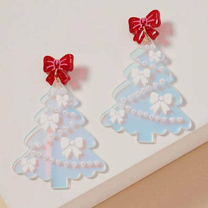 IRIDESCENT SWIRLY CHRISTMAS TREE WITH RED & WHITE BOWS EARRINGS