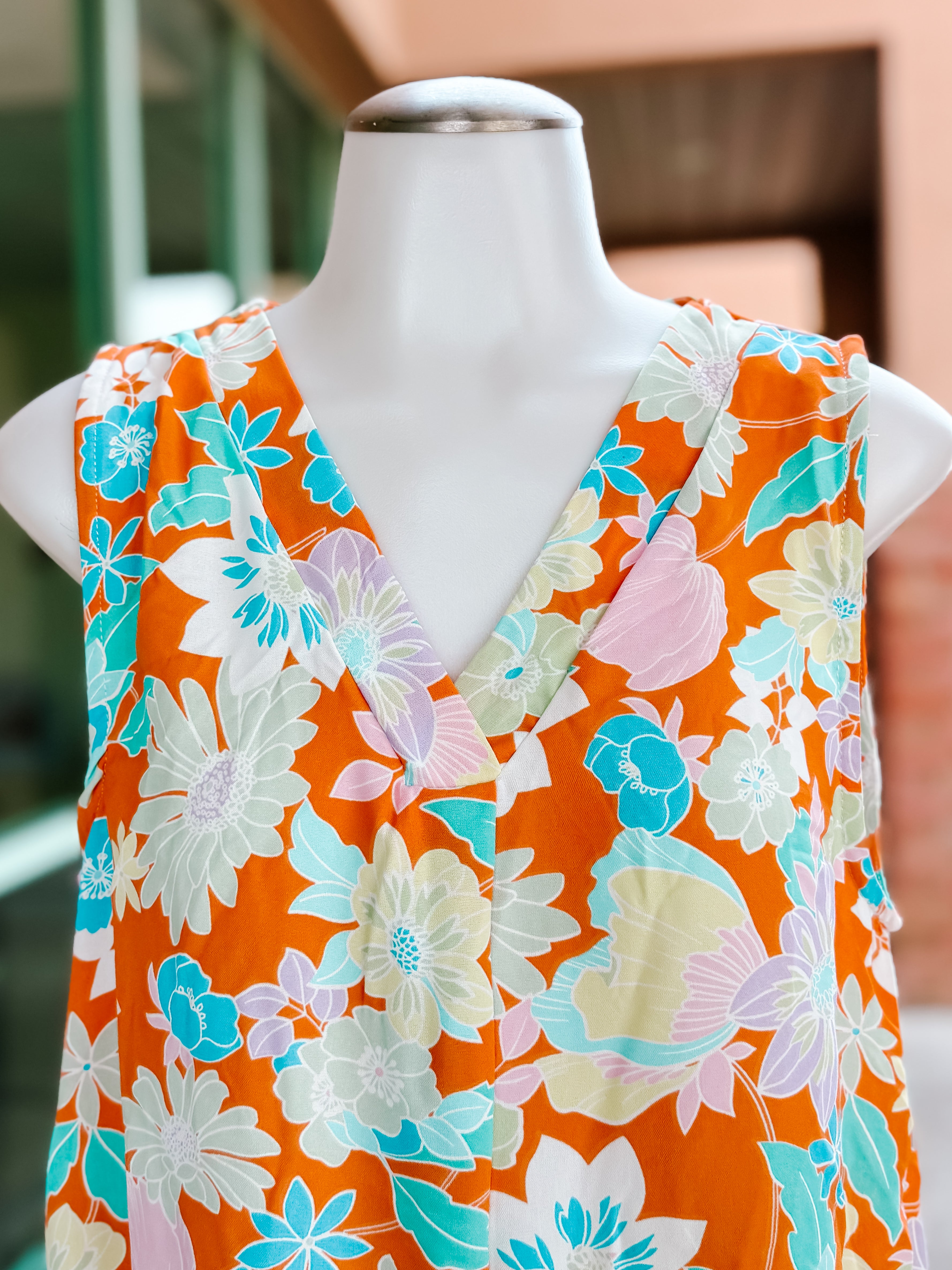 Tangerine Floral Vneck Banded Tank Top- SALE