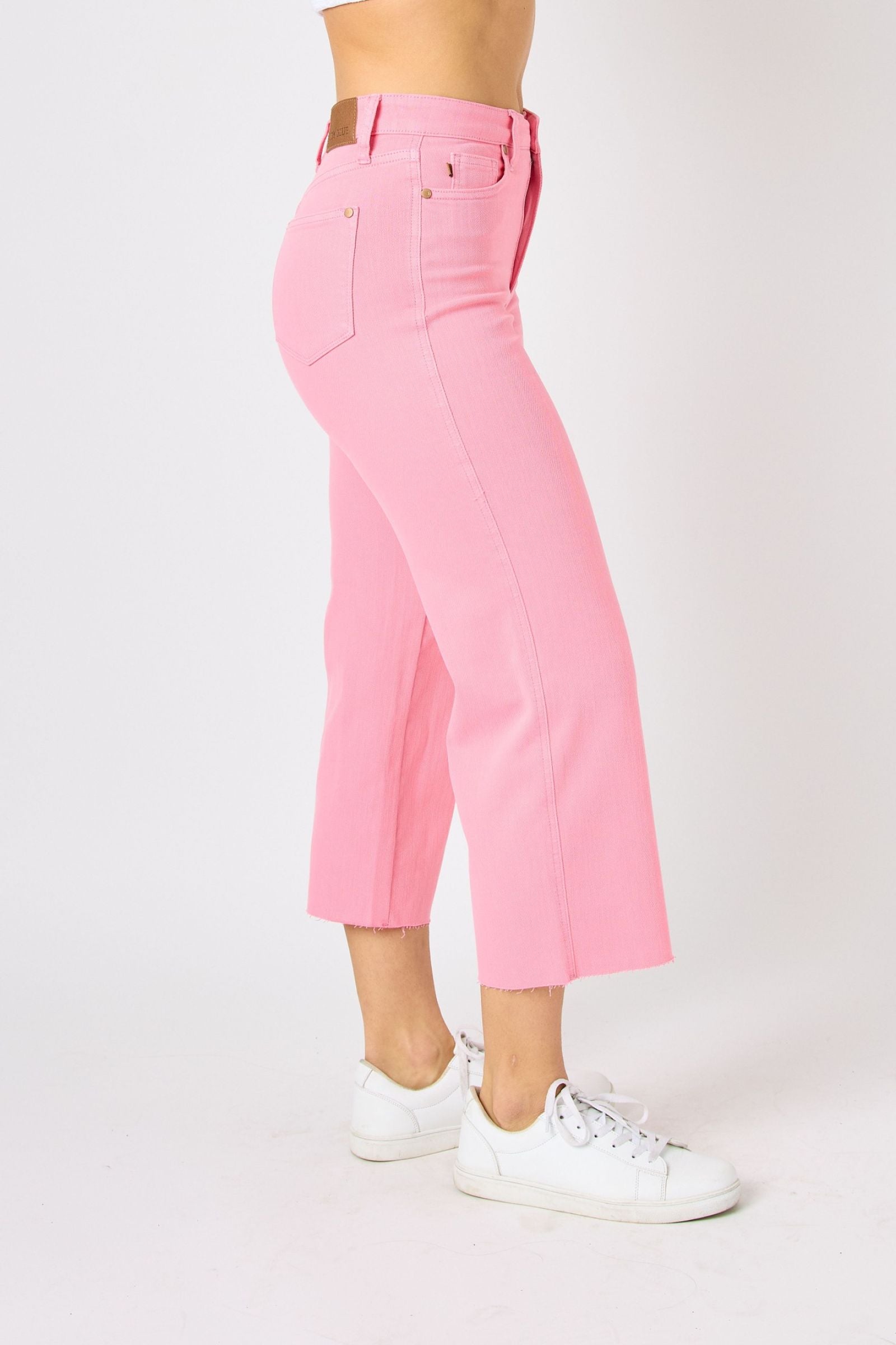 PINK HIGH WAIST GARMENT DYED TUMMY CONTROL CROPPED WIDE LEG JUDY BLUE DENIM- PLUS