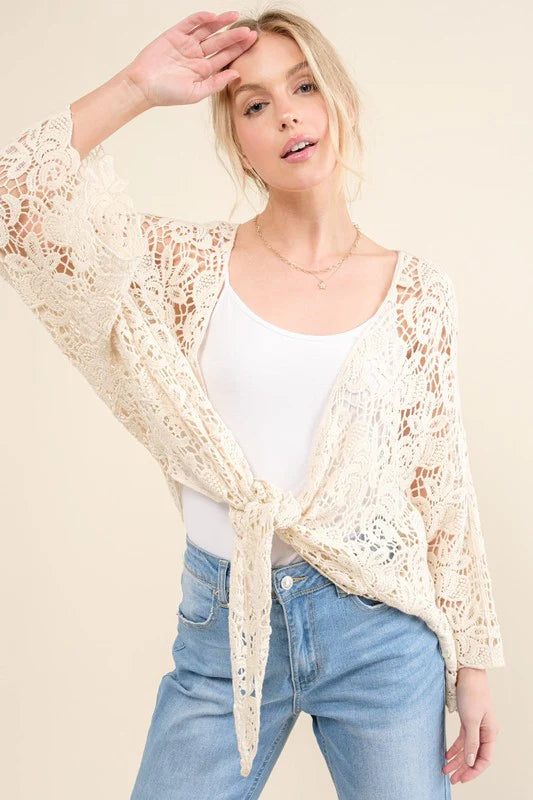 IVORY CROCHET TIE HEM CARDIGAN-PLUS