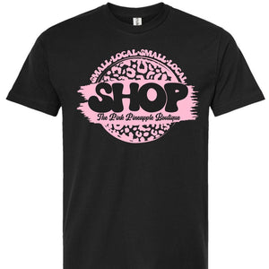 SHOP SMALL SHOP LOCAL PINK LEOPARD CIRCLE THE PINK PINEAPPLE BOUTIQUE CUSTOM LOGO BRANDED BLACK TEE