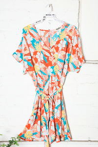 SURPLICE TROPICAL DOLMAN SLEEVE FLARED SHORTS PEACH CORAL AQUA ROMPER-PLUS