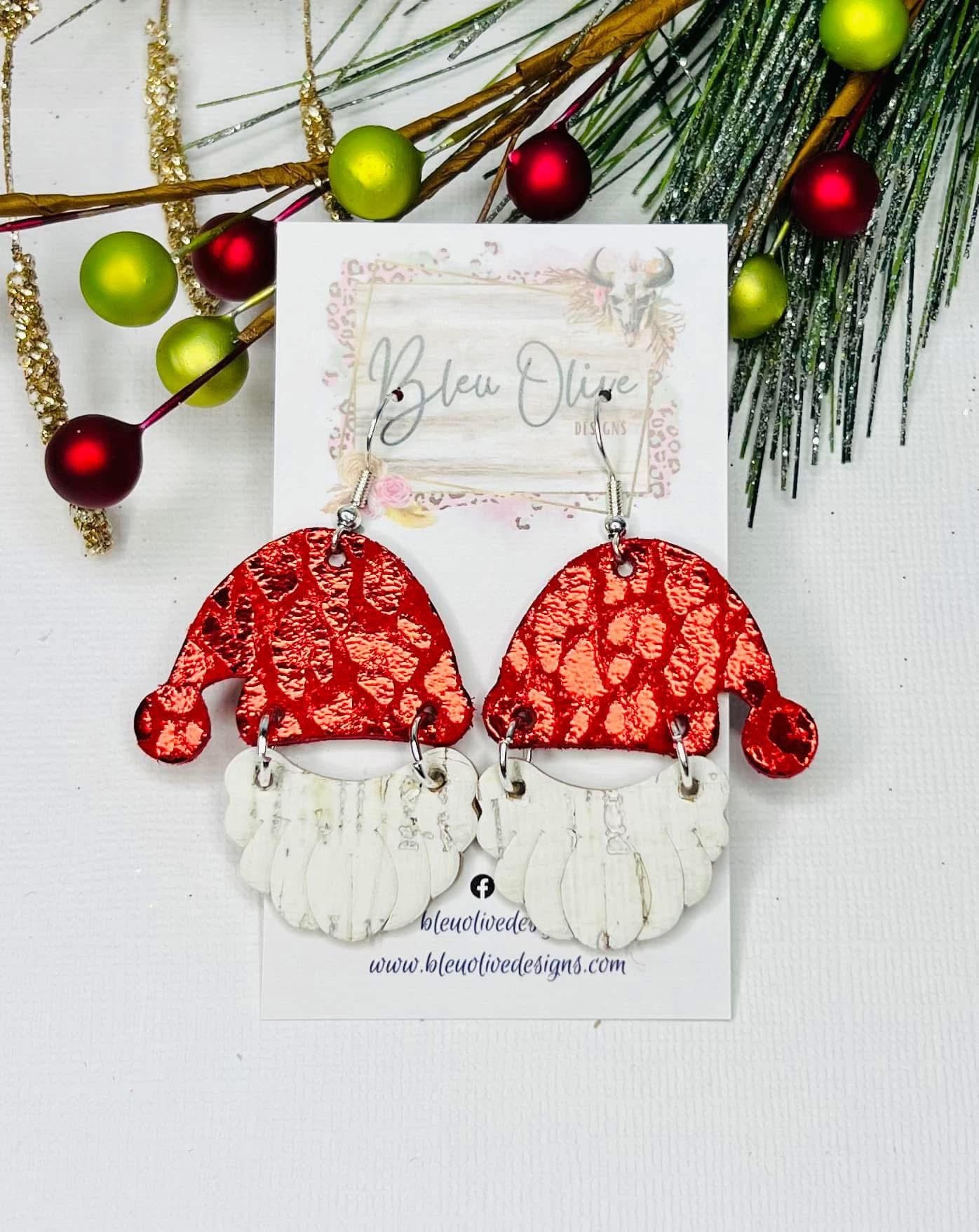 SANTA WITH BEARD SHIMMERY METALLIC LEOPARD HAT HANDMADE EARRINGS BY B.O.D