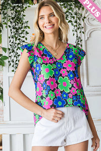 BLACK FLORAL PINK BLUE GREEN MULTI FLUTTER TANK TOP BLOUSE-PLUS