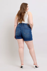 DARKWASH HIGH WAIST DOUBLE BUTTON WAISTBAND SHORTS JUDY BLUE DENIM