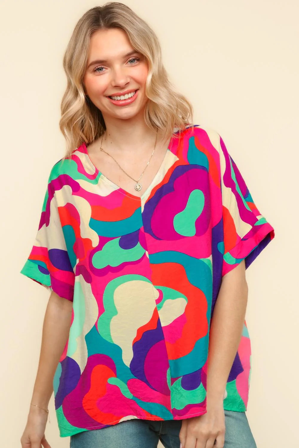 PINK BLUE GEOMETRIC WOVEN DROP SHOULDER TOP