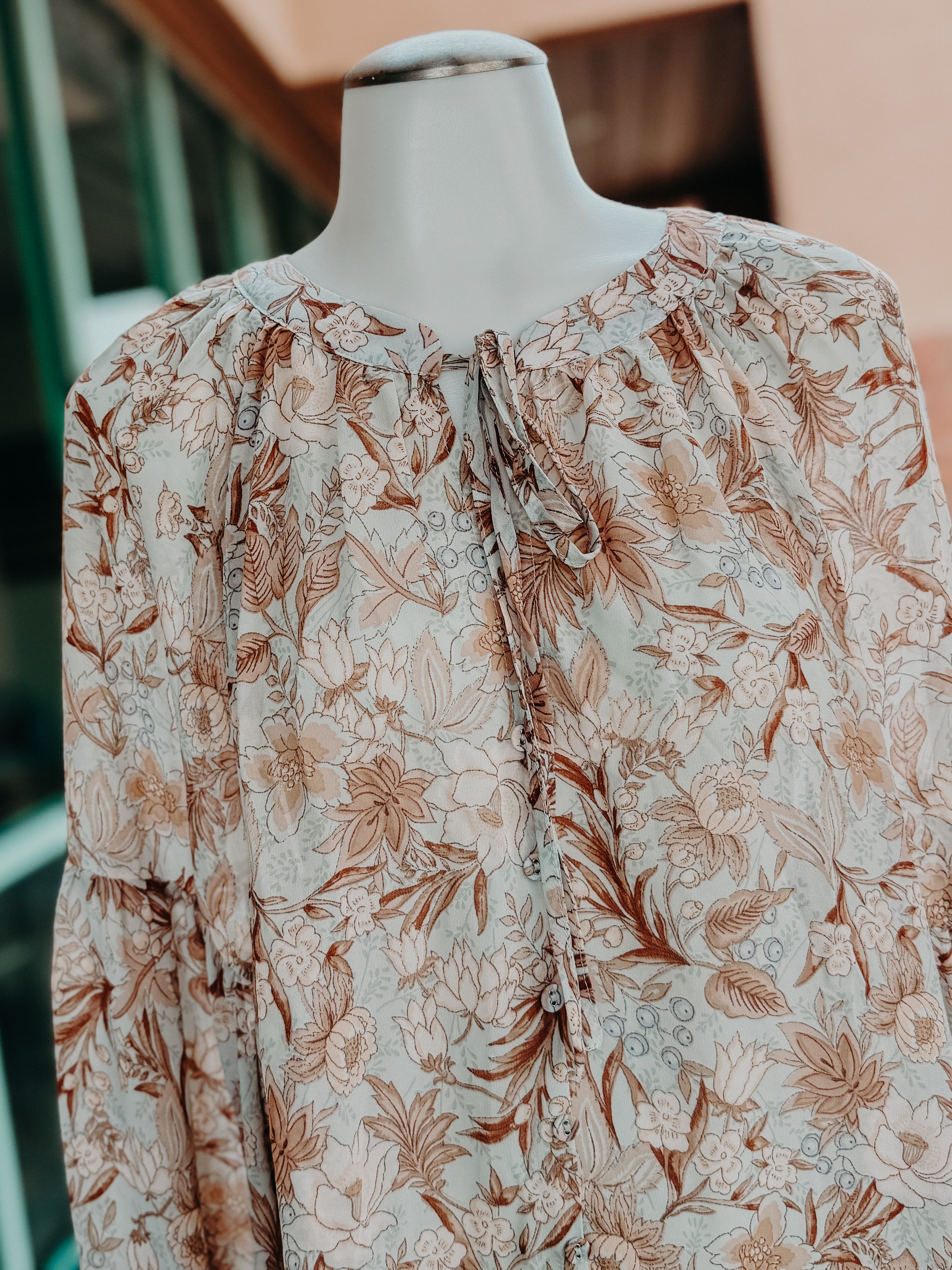 Brown Floral Balloon Sleeve Button Blouse- PLUS- SALE- 3X LEFT