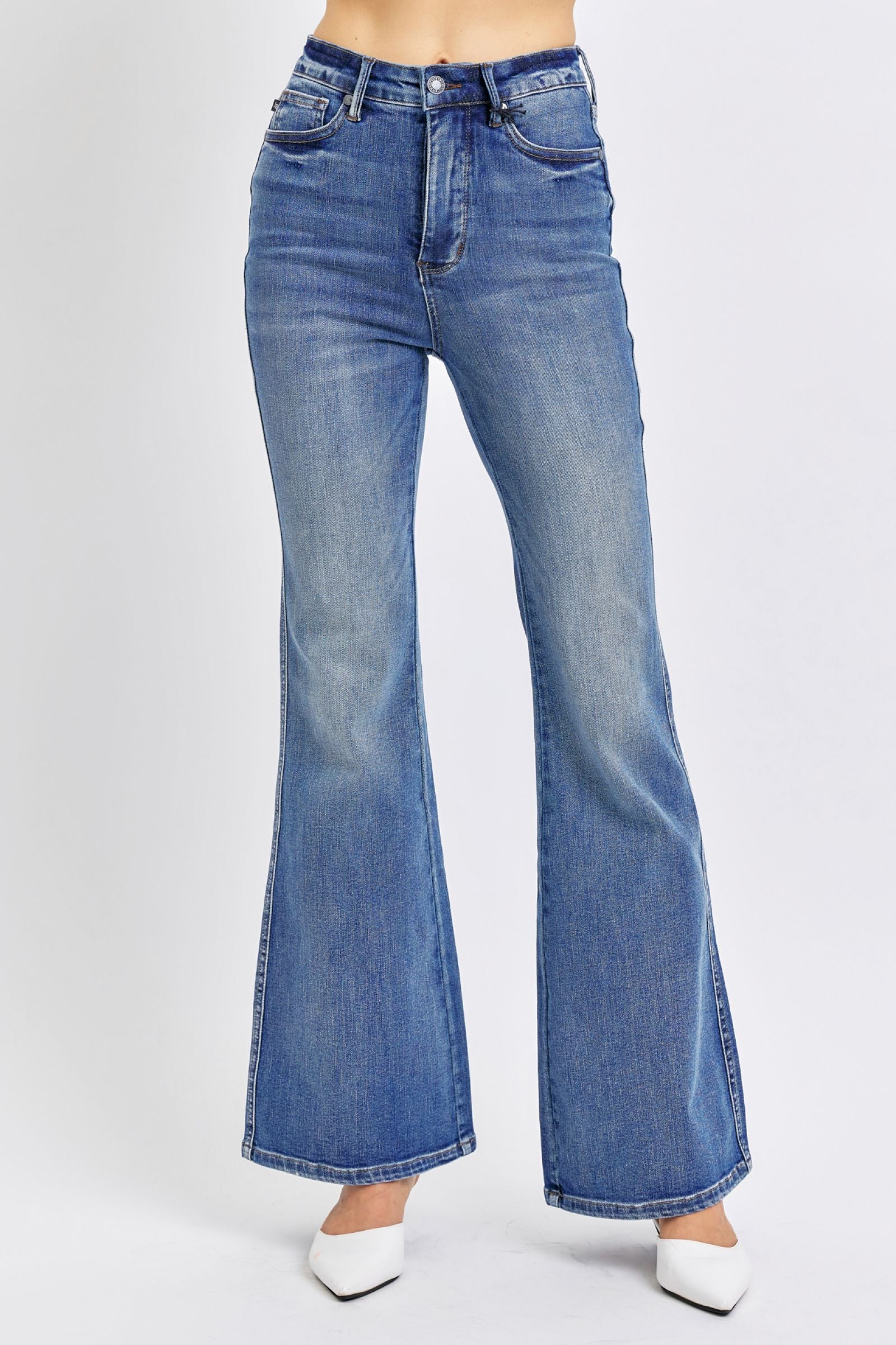 HIGH WAIST DARKWASH TUMMY CONTROL CONTRAST WASH FLARE JUDY BLUE DENIM-PLUS