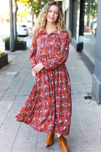 FLORAL COLLARED BABYDOLL SIDE POCKET RUST MULTI MAXI DRESS-PLUS