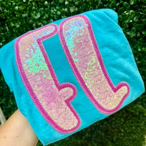 LIGHT BLUE NEON PINK "FLORIDA" INITIALS SEQUINS APPLIQUE HANDMADE TEE