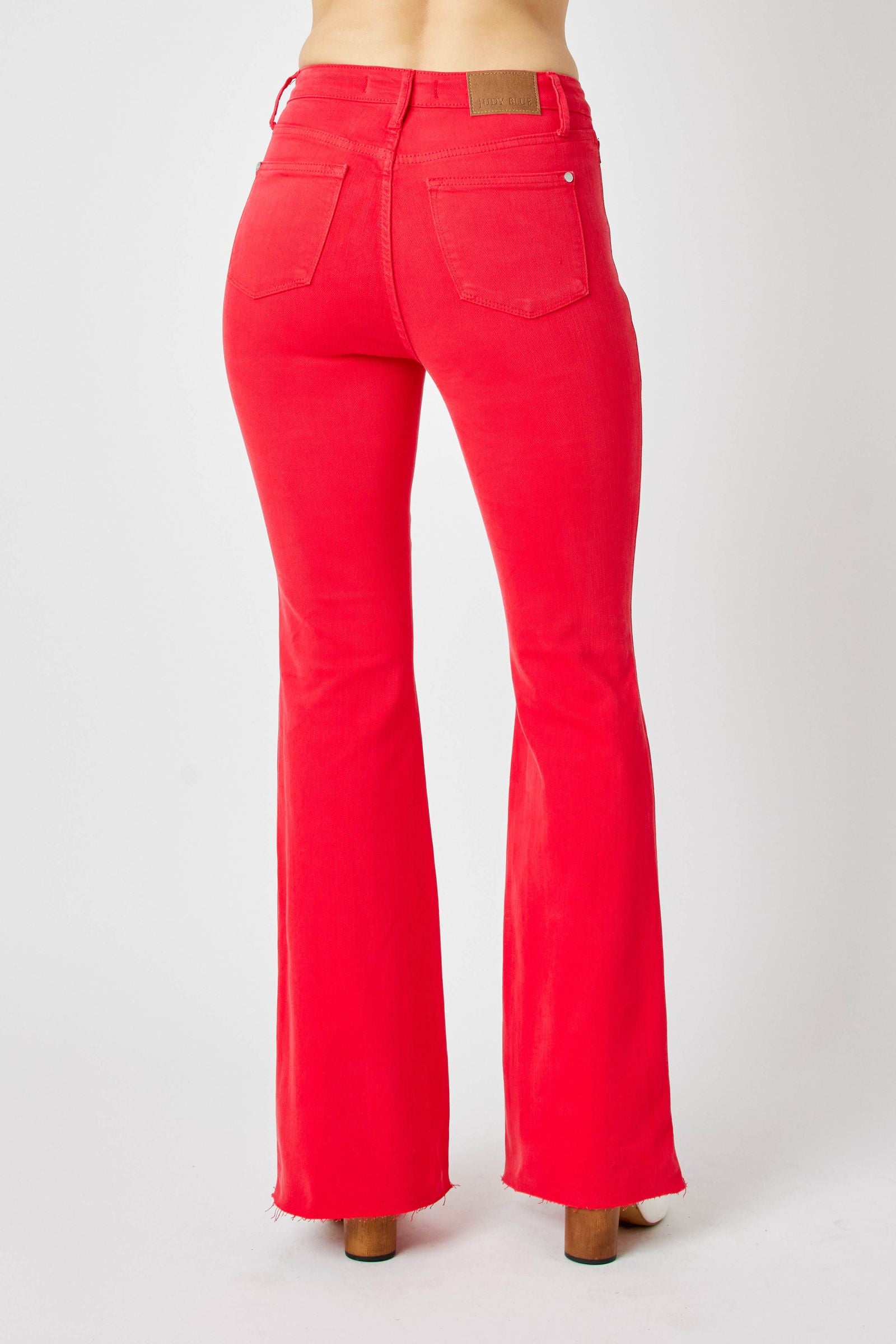 RED HIGH WAIST TUMMY CONTROL GARMENT DYED FLARE JUDY BLUE DENIM