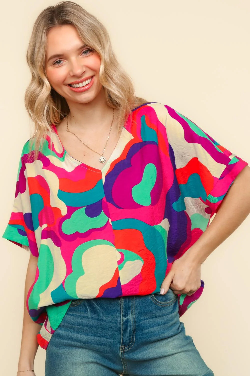 PINK BLUE GEOMETRIC WOVEN DROP SHOULDER TOP