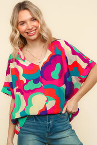 PINK BLUE GEOMETRIC WOVEN DROP SHOULDER TOP