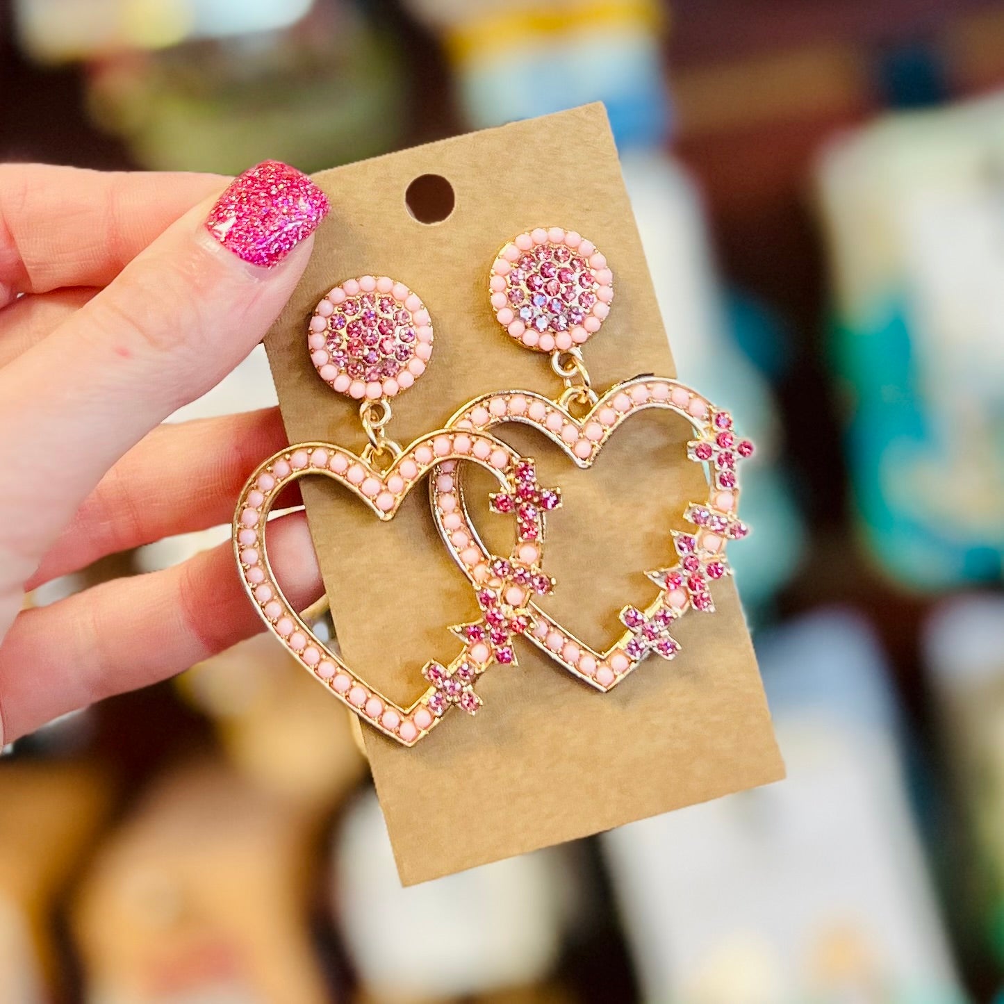 PINK RHINESTONE BLINGED OUT MATH SYMBOLS HEART EARRINGS FOR TEACHERS