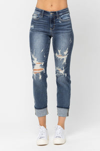 MID RISE CUFFED DESTROYED BOYFRIEND MEDIUM WASH JUDY BLUE DENIM