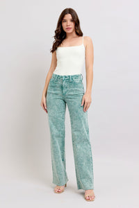 HIGH WAIST SEA GREEN GARMENT DYED RAW HEM “DAD JEANS” JUDY BLUE DENIM