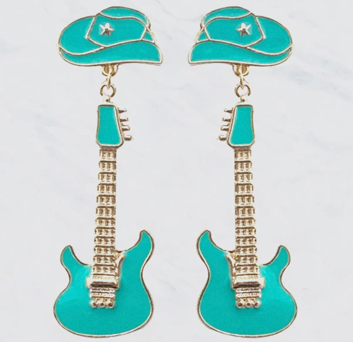 TEAL COWBOY HAT & GUITAR DROP DANGLE EARRINGS