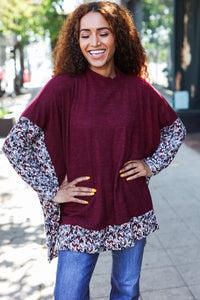BURGUNDY PRINT DESIGN DOLMAN SWEATER TOP