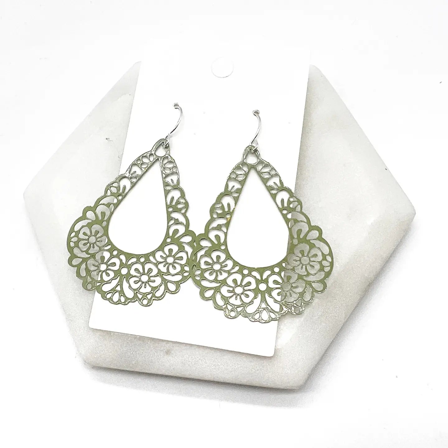 OLIVE SAGE GREEN FILIGREE TEARDROP METAL STATEMENT HANDMADE BBB EARRINGS