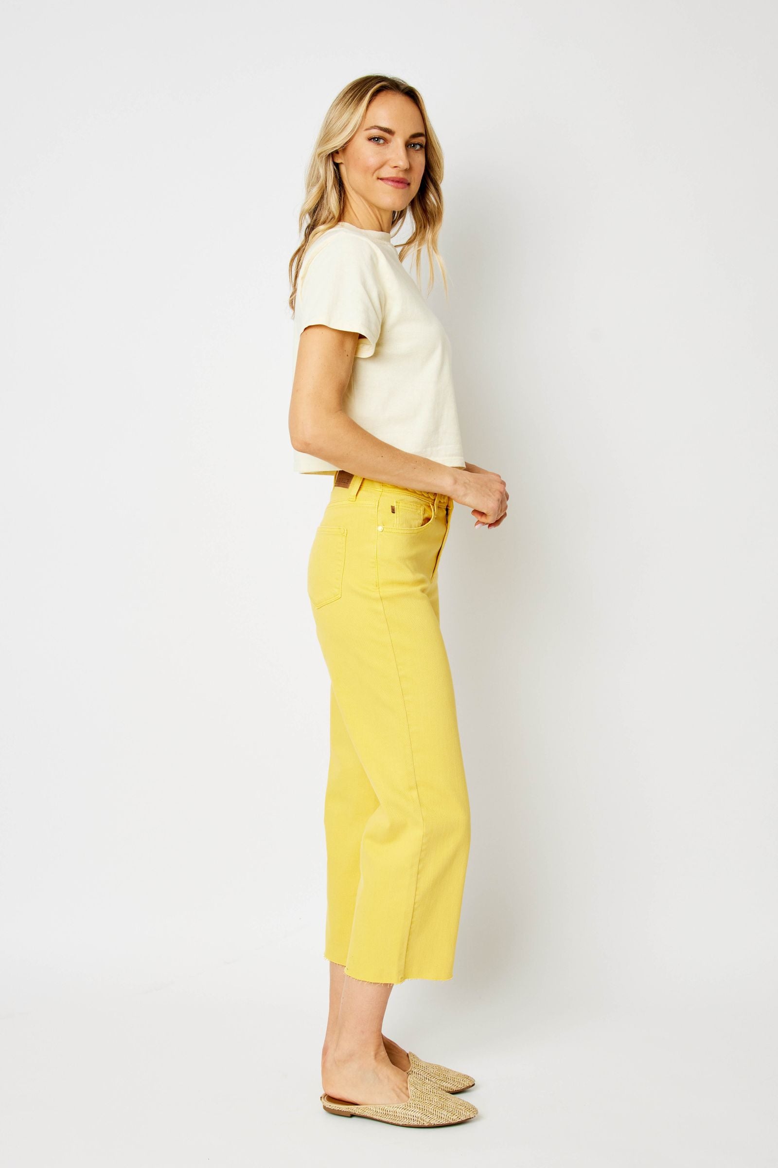 YELLOW HIGH WAIST GARMENT DYED BRAIDED WAISTBAND CROP WIDE LEG DENIM JUDY BLUE