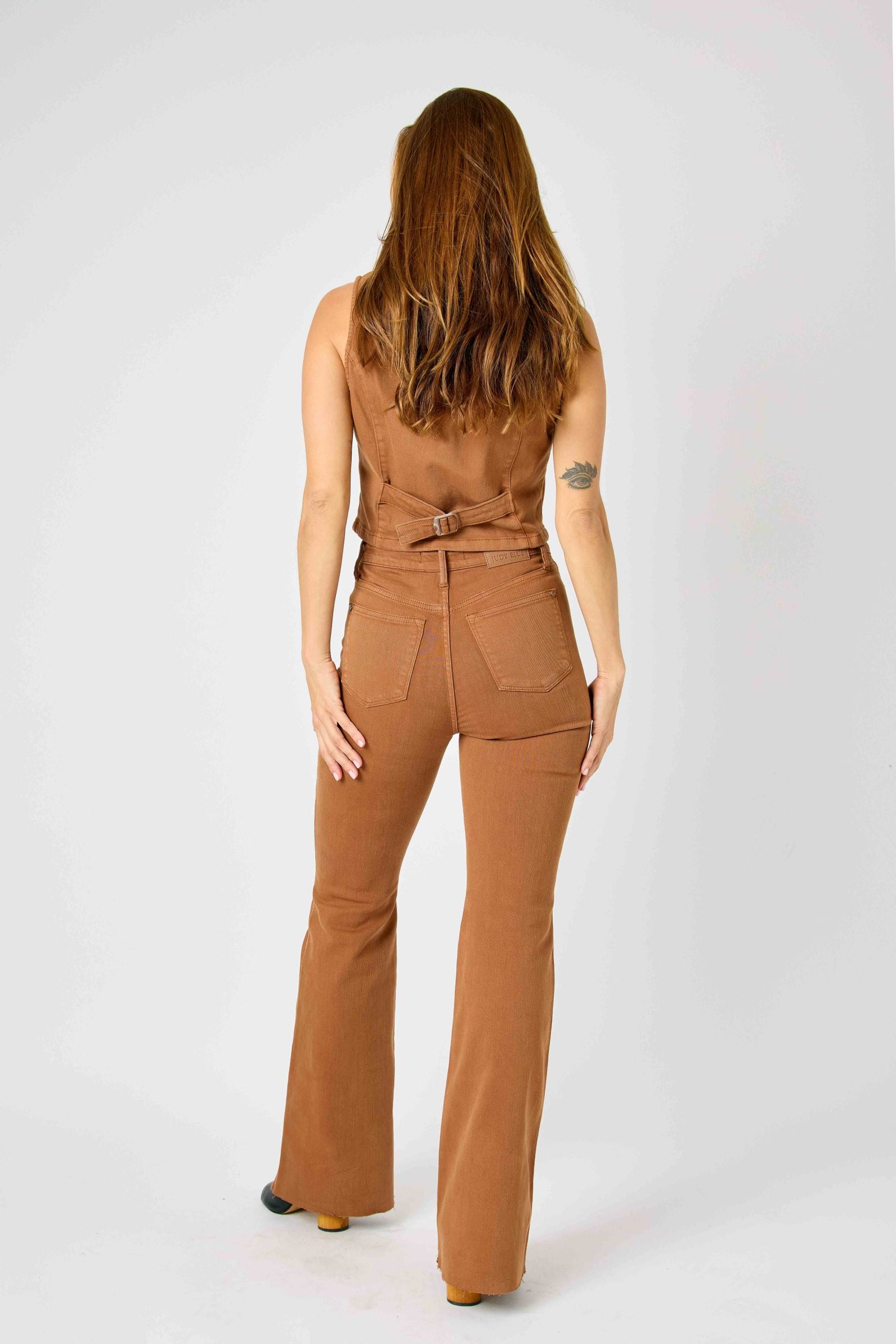 BROWN HIGH WAIST TUMMY CONTROL GARMENT DYED FLARE DENIM JUDY BLUE