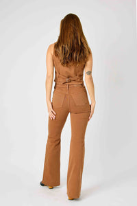 BROWN HIGH WAIST TUMMY CONTROL GARMENT DYED FLARE DENIM JUDY BLUE