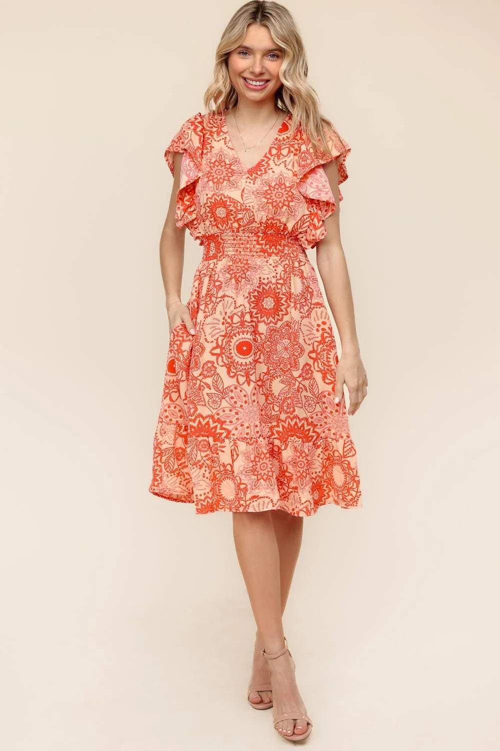 CORAL PEACH DAMASK PRINTED FIT AND FLARE SMOCKED WAIST VNECK POCKETED MIDI DRESS