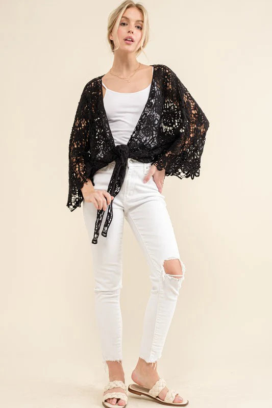 BLACK CROCHET TIE HEM CARDIGAN