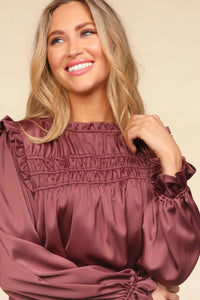 CHESTNUT MARSALA MAUVE MOCK NECK SATIN WOVEN RUCHED BLOUSE-PLUS