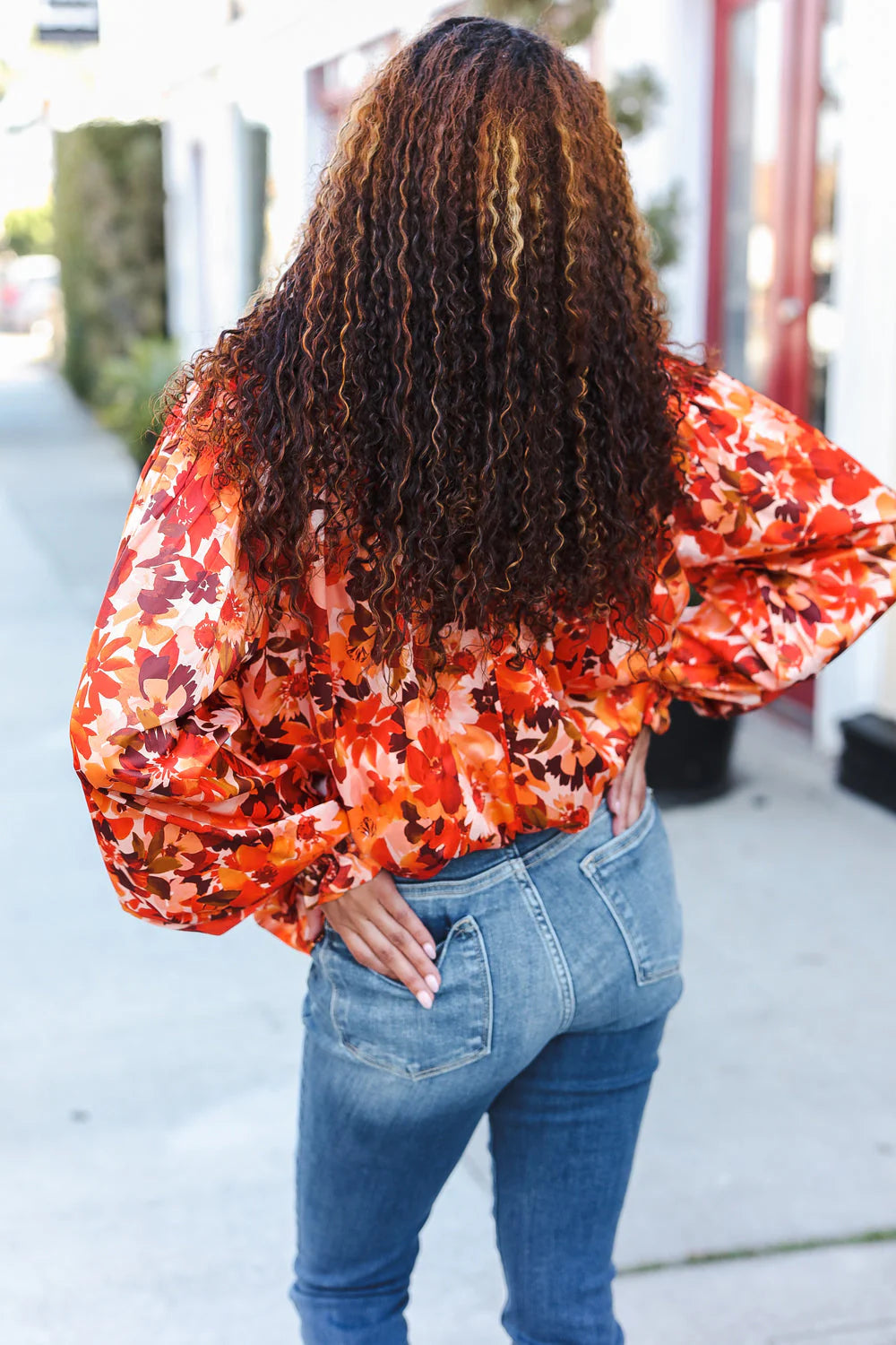 FALL VIBES RUST FLORAL PRINT NOTCHED NECK SMOCKED SATIN BLOUSE-PLUS