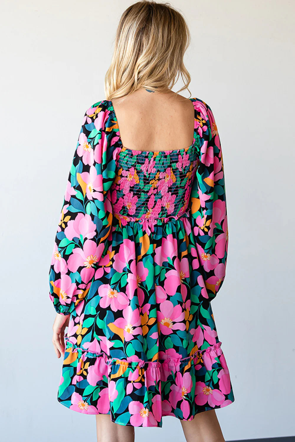 BLACK HOT PINK ORANGE GREEN BLUE FLORAL PRINT SMOCKED FIT & FLARE DRESS