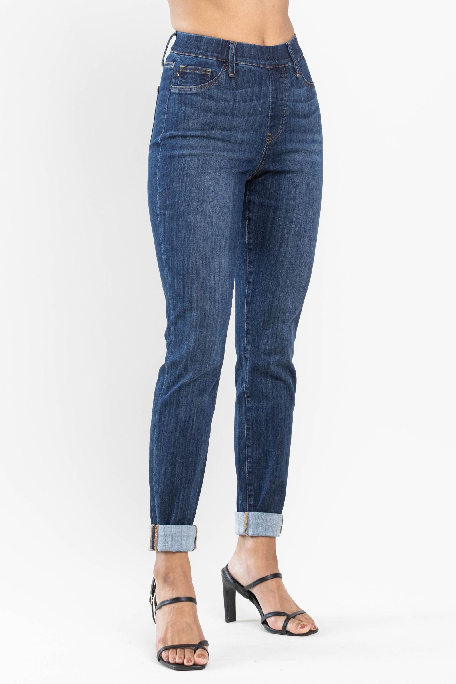 Darkwash High Waist Judy Blue Double Cuff Slim Fit Pull On Denim- SIZE 1 left.