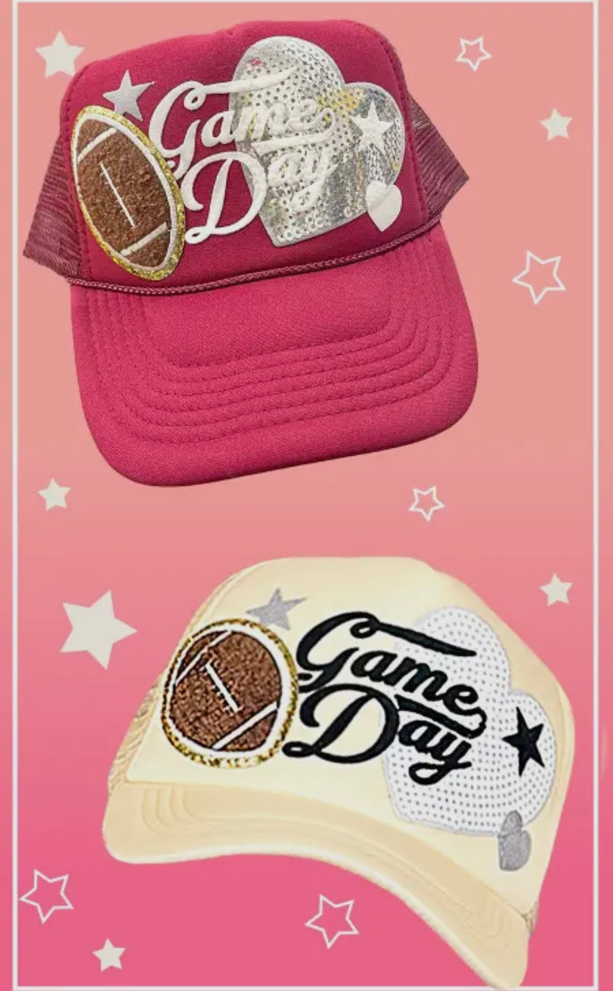 GAME DAY TRUCKER HATS WITH CUSTOMIZED SEQUIN FOOTBALL PATCHES - SOLID RED - SALE