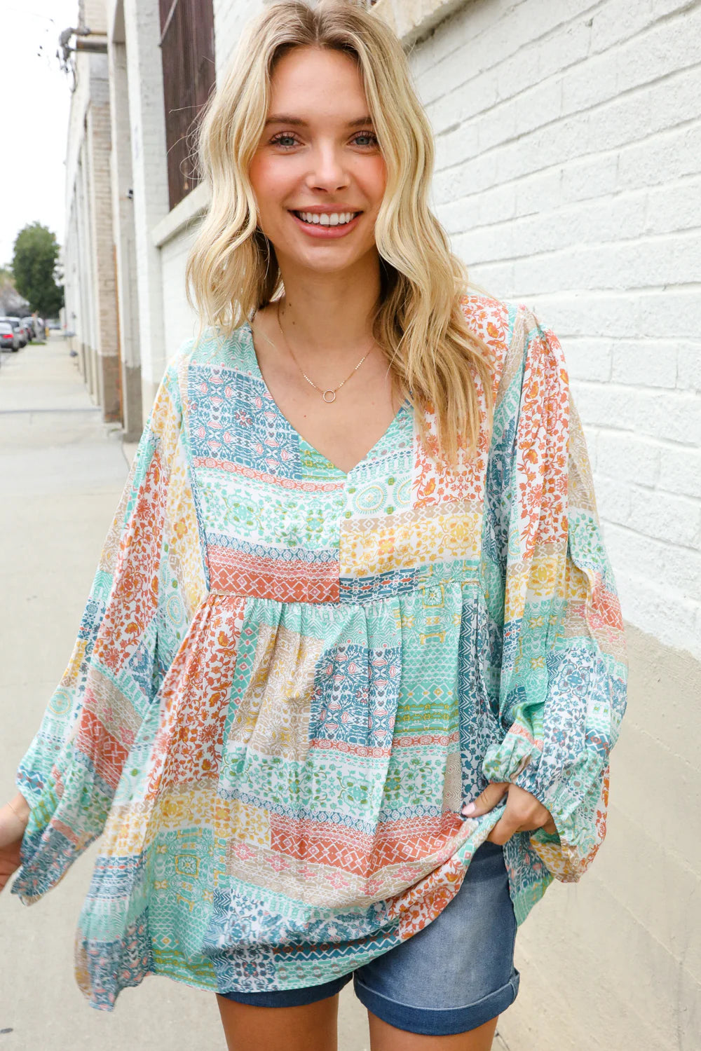 MINT PEACH BOHEMIAM PRINTED PATCHWORK 3/4 BUBBLE SLEEVE VNECK TOP-PLUS