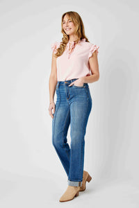 MEDIUM WASH HIGH WAIST FRONT SEAM DETAIL & CUFFED STRAIGHT JUDY BLUE DENIM