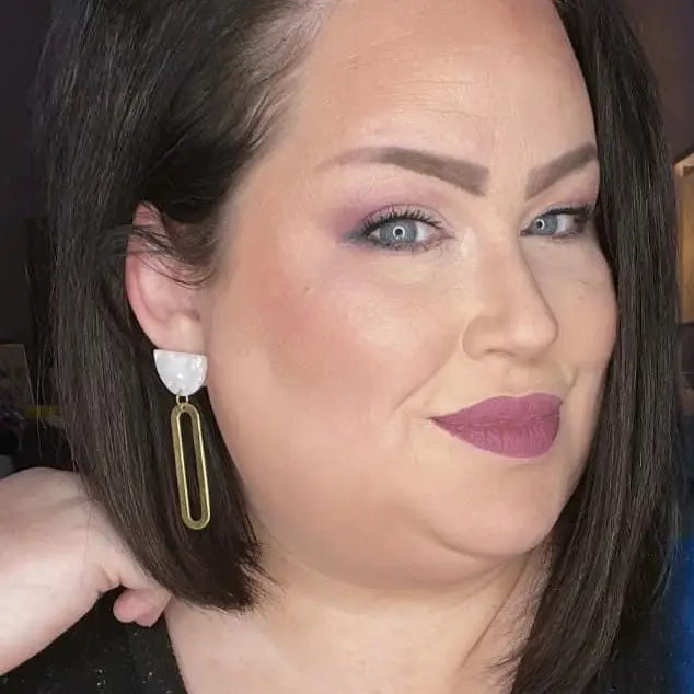 IVORY WHITE GOLD OVAL OBLONGATED ACRYLIC METAL STATEMENT HANDMADE BBB EARRINGS