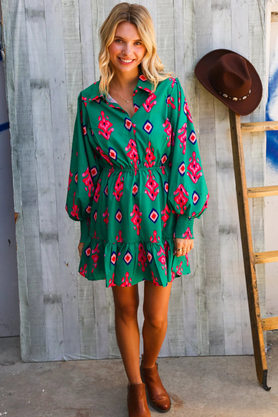 ROYAL GREEN PINK MULTI AZTEC TRIBAL SMOCKED CUFF SLEEVES LONGSLEEVE DRESS
