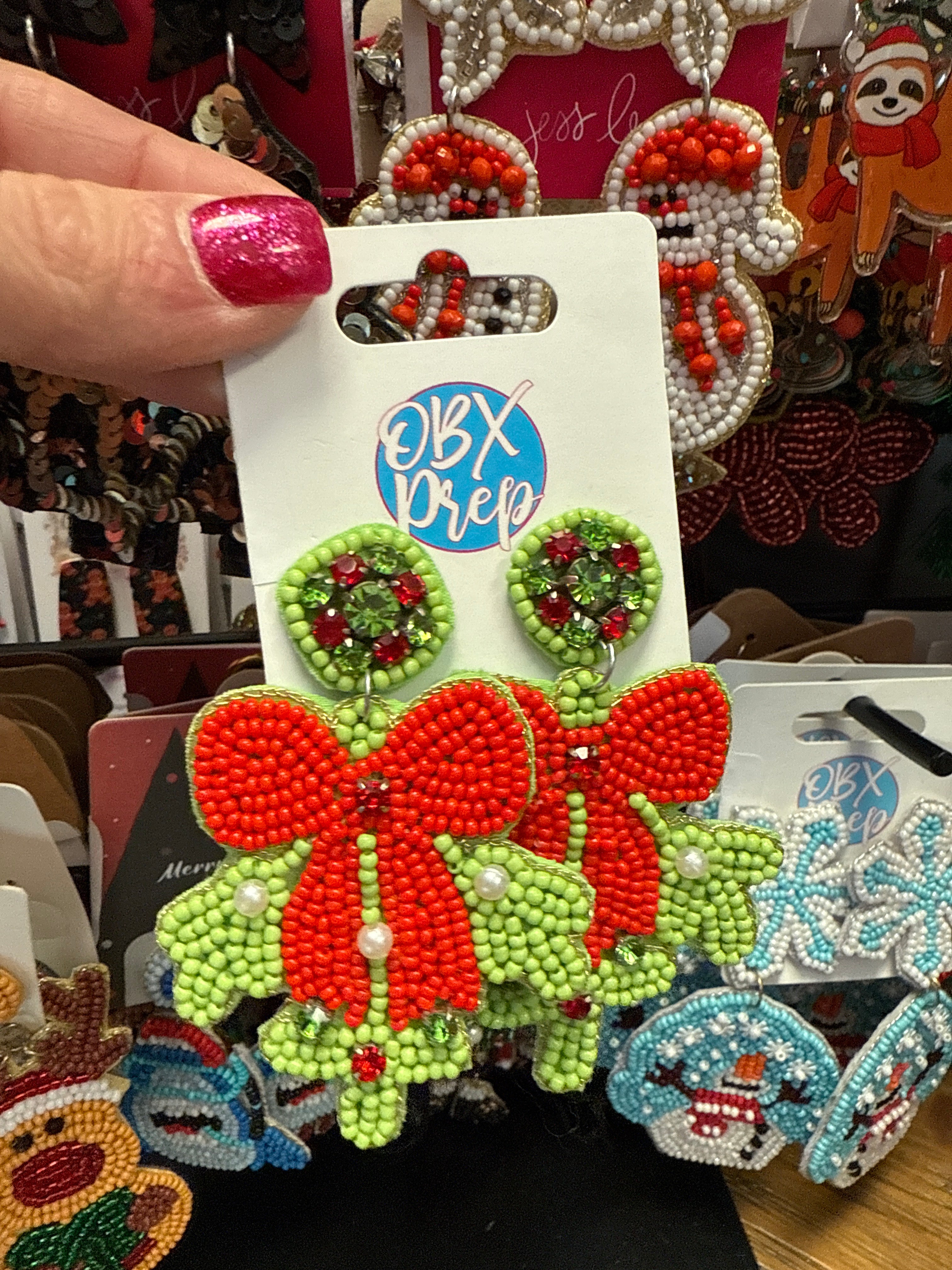 CHRISTMAS MISTLETOE SEEDBEAD NEON GREEN AND RED EARRINGS