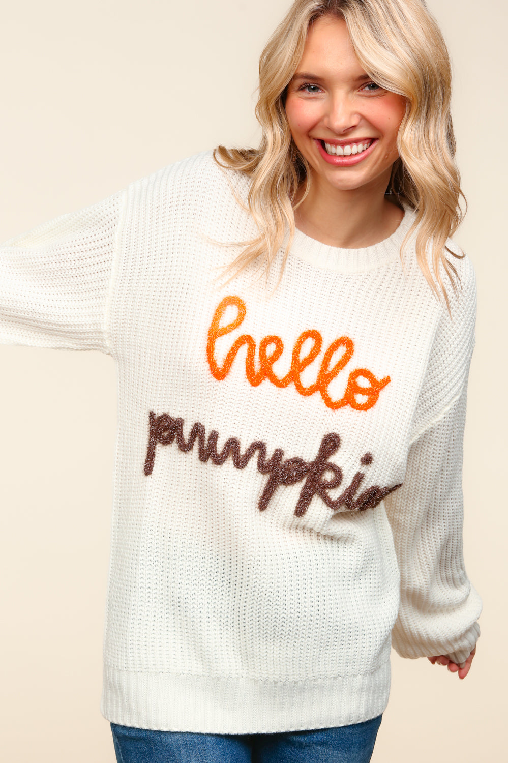 HELLO PUMPKIN IVORY LONG SLEEVE OVERSIZED SWEATER-PLUS- SALE