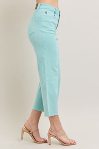 LIGHT BLUE SKY HIGH WAIST GARMENT DYED RAW HEM CROP WIDE LEG JUDY BLUE DENIM-PLUS