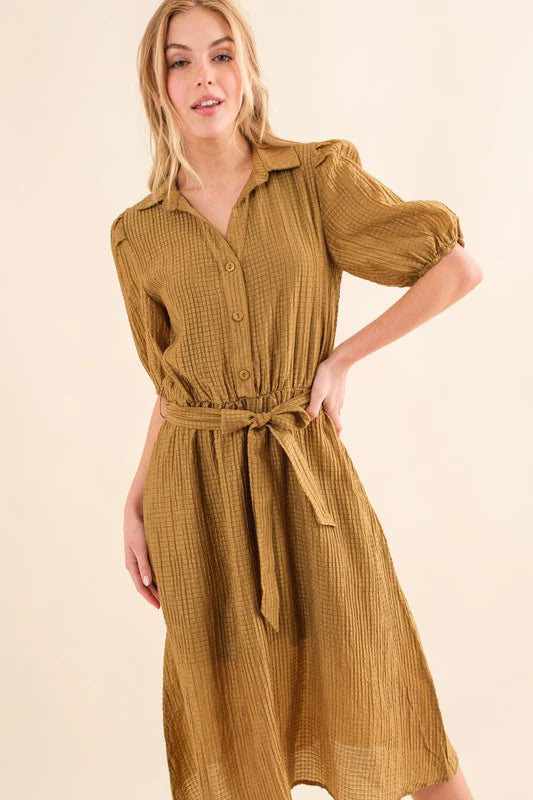 MARIGOLD TEXTURED LINED MIDI WAIST TIE DRESS-PLUS