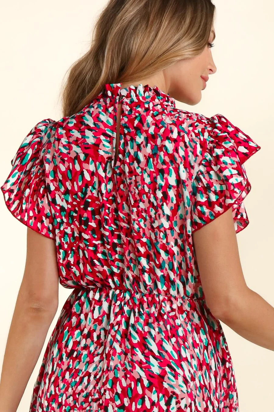 FUCHSIA TEAL MOCK NECK BACK BUTTON SIDE POCKETED MIDI DRESS